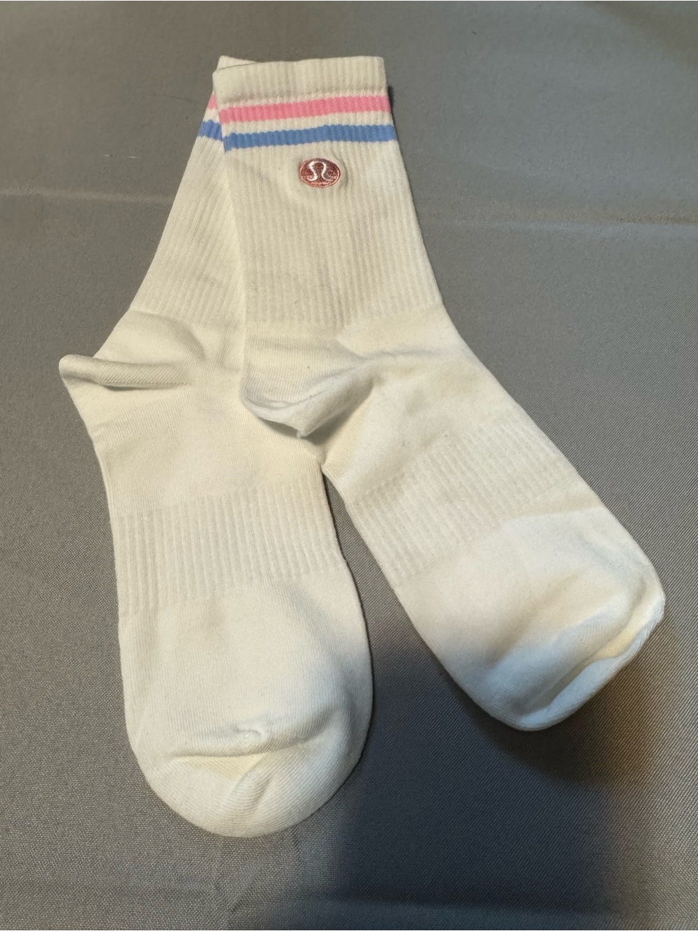 lululemon athletica White Crew Socks with Pink & Blue Stripe Detail